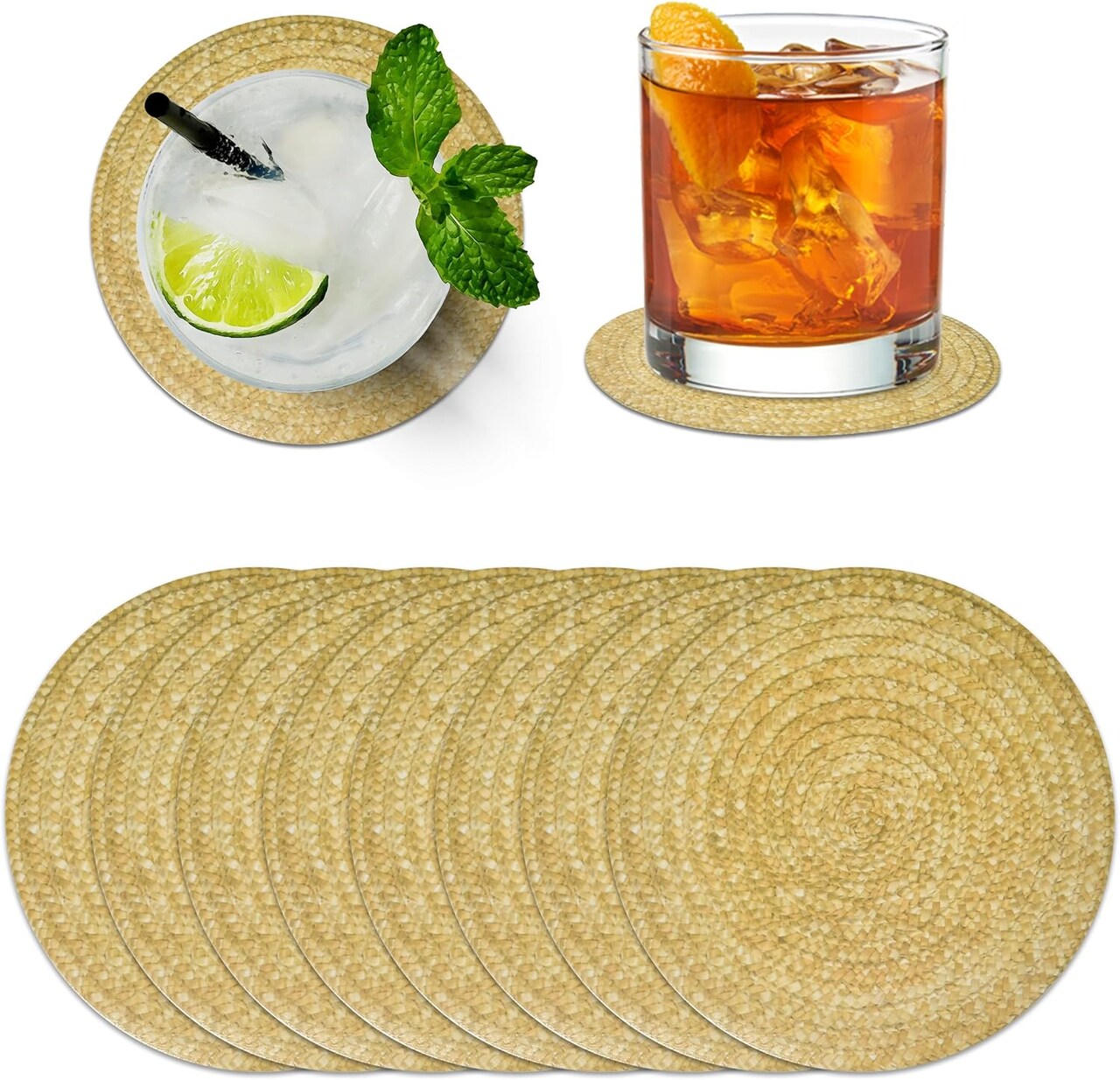 150 Pcs Braided Wicker Look Paper Beverage Coasters, 4" Round, Rustic Woven Cocktail Coaster